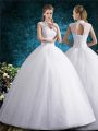 Traditional High-neck Sleeveless Tulle Bridal Gown Beading and Embroidery Lace Up