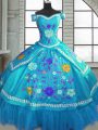 Teal Sweetheart Neckline Beading and Embroidery Quinceanera Dresses Short Sleeves Lace Up