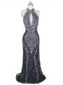 Fashion Black Halter Top Zipper Beading Prom Party Dress Brush Train Sleeveless