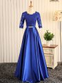Elastic Woven Satin Half Sleeves Floor Length Prom Dress and Embroidery and Belt