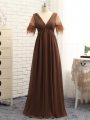 Gorgeous Brown Empire V-neck Sleeveless Chiffon Floor Length Zipper Beading and Ruching Mother Of The Bride Dress