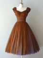 Brown A-line V-neck Cap Sleeves Chiffon Knee Length Zipper Ruching Bridesmaid Dress