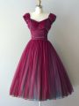 Burgundy A-line Ruching Quinceanera Court of Honor Dress Lace Up Chiffon Cap Sleeves Knee Length