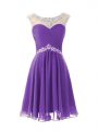 Most Popular Beading Prom Dresses Eggplant Purple Zipper Cap Sleeves Knee Length