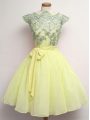 Colorful Chiffon Cap Sleeves Knee Length Quinceanera Court Dresses and Lace and Belt