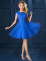 Charming Blue Bateau Neckline Lace and Belt Bridesmaid Gown Cap Sleeves Lace Up