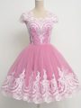 Pretty Cap Sleeves Tulle Knee Length Zipper Bridesmaids Dress in Rose Pink with Lace