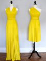 Exceptional Yellow Chiffon Lace Up Bridesmaid Gown Sleeveless Floor Length Ruching
