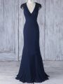 Trendy Navy Blue Cap Sleeves Floor Length Lace Side Zipper Bridesmaid Dress