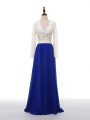 Long Sleeves Chiffon Floor Length Zipper Mother Of The Bride Dress in Blue And White with Lace and Appliques