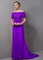 Empire Short Sleeves Eggplant Purple Mother Of The Bride Dress Sweep Train Zipper