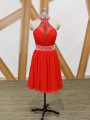 Halter Top Sleeveless Zipper Party Dress Coral Red Chiffon