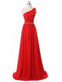 Sleeveless Chiffon Floor Length Side Zipper Dama Dress in Red with Beading and Ruching