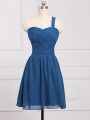 Blue Zipper Quinceanera Dama Dress Ruching Sleeveless Mini Length
