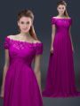Fuchsia Off The Shoulder Lace Up Appliques Mother Of The Bride Dress Short Sleeves