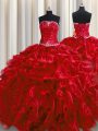 Exquisite Wine Red Sleeveless Floor Length Beading and Ruffles Lace Up Quince Ball Gowns