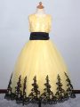 Yellow Tulle Lace Up Scoop Sleeveless Floor Length Kids Formal Wear Appliques