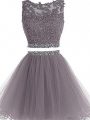 Grey Sleeveless Beading and Lace and Appliques Mini Length Prom Evening Gown