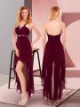 Burgundy Empire Chiffon Halter Top Sleeveless Beading High Low Zipper Prom Homecoming Dress