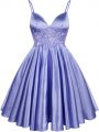 Deluxe Light Blue A-line Lace Bridesmaid Dresses Lace Up Elastic Woven Satin Sleeveless Knee Length