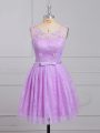 Smart Lilac Sleeveless Mini Length Appliques and Belt Lace Up Bridesmaid Dress