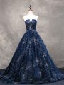 Tulle Sleeveless Red Carpet Prom Dress Brush Train and Beading
