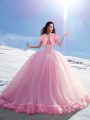 Extravagant Hand Made Flower Vestidos de Quinceanera Baby Pink Lace Up Sleeveless Brush Train