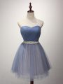 Mini Length Blue Court Dresses for Sweet 16 Tulle Sleeveless Beading and Ruching