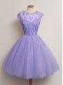 Lavender Lace Up Scoop Lace Bridesmaids Dress Tulle Cap Sleeves