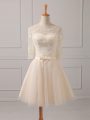 Champagne A-line Lace and Belt Bridesmaid Dress Lace Up Tulle Half Sleeves Mini Length