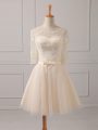 Champagne A-line Lace and Belt Bridesmaid Dress Lace Up Tulle Half Sleeves Mini Length