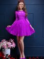 Dynamic Eggplant Purple Chiffon Lace Up Vestidos de Damas 3 4 Length Sleeve Mini Length Beading and Lace and Appliques