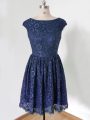 Vintage Royal Blue Scoop Lace Up Lace Damas Dress Cap Sleeves