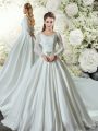 Gorgeous White A-line V-neck Long Sleeves Taffeta Chapel Train Lace Up Lace and Belt Wedding Gown