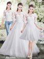 White Wedding Gown Wedding Party with Lace Scoop Half Sleeves Lace Up