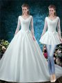 Flare White Lace Up Wedding Gown Lace and Belt 3 4 Length Sleeve Chapel Train
