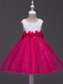 Custom Made Hot Pink Scoop Zipper Lace and Hand Made Flower Pageant Gowns For Girls Sleeveless