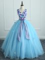 Latest V-neck Sleeveless Lace Up 15th Birthday Dress Light Blue Organza