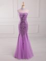 High Class Lilac Mermaid Halter Top Sleeveless Tulle and Sequined Floor Length Lace Up Beading and Sequins Evening Dress