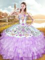 Most Popular Lilac Lace Up Sweet 16 Dress Embroidery and Ruffled Layers Sleeveless Floor Length