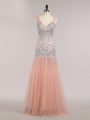 Popular Peach Tulle Zipper V-neck Sleeveless Floor Length Party Dress Wholesale Beading and Sequins