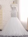Custom Designed White Tulle Zipper Wedding Gown Sleeveless Floor Length Beading and Lace