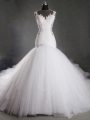 Cute White Sleeveless Chapel Train Lace Wedding Gowns