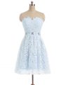 Sweetheart Sleeveless Homecoming Dress Mini Length Beading and Lace and Appliques Light Blue Lace