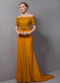 Gold Chiffon Zipper Off The Shoulder Short Sleeves Mother Of The Bride Dress Sweep Train Lace
