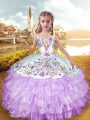Sleeveless Organza and Taffeta Floor Length Lace Up Child Pageant Dress in Lilac with Embroidery and Ruffled Layers