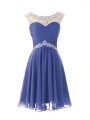 Blue Zipper Prom Party Dress Beading Cap Sleeves Knee Length
