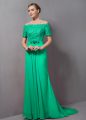 Flare Short Sleeves Chiffon Sweep Train Zipper Mother Of The Bride Dress in Green with Lace