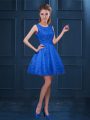 Glorious Blue Scoop Neckline Lace and Ruffled Layers Bridesmaid Dresses Sleeveless Zipper