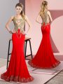 Ideal Red Elastic Woven Satin Side Zipper Runway Inspired Dress Sleeveless Brush Train Beading and Appliques